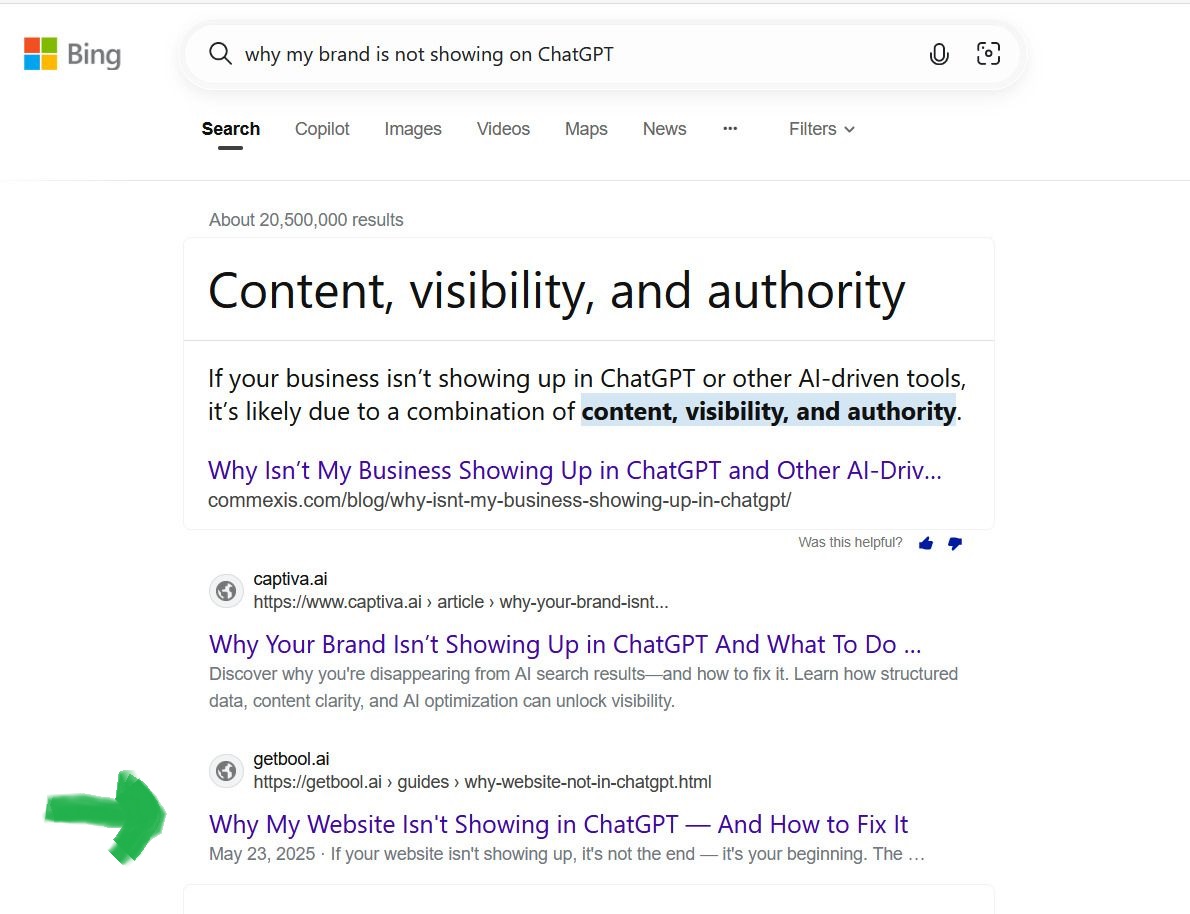 Bing ranking for Why is my brand is not showing on ChatGPT